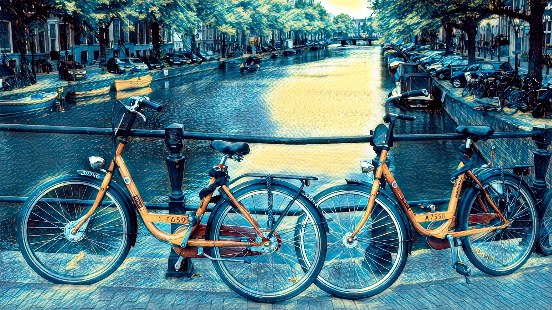 Cyklar vid ett kanalräcke i Amsterdam